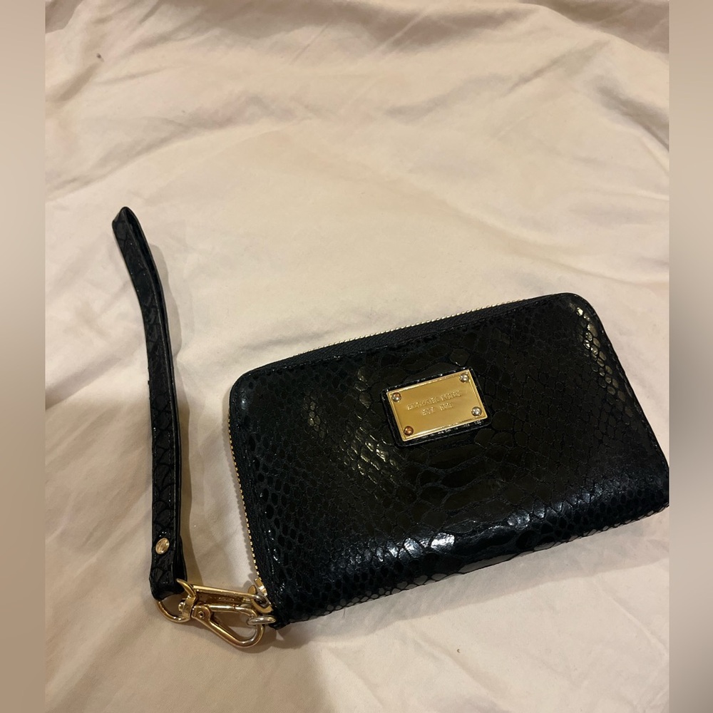Michael Kors Black Snakeskin Wristlet with Gold Accents